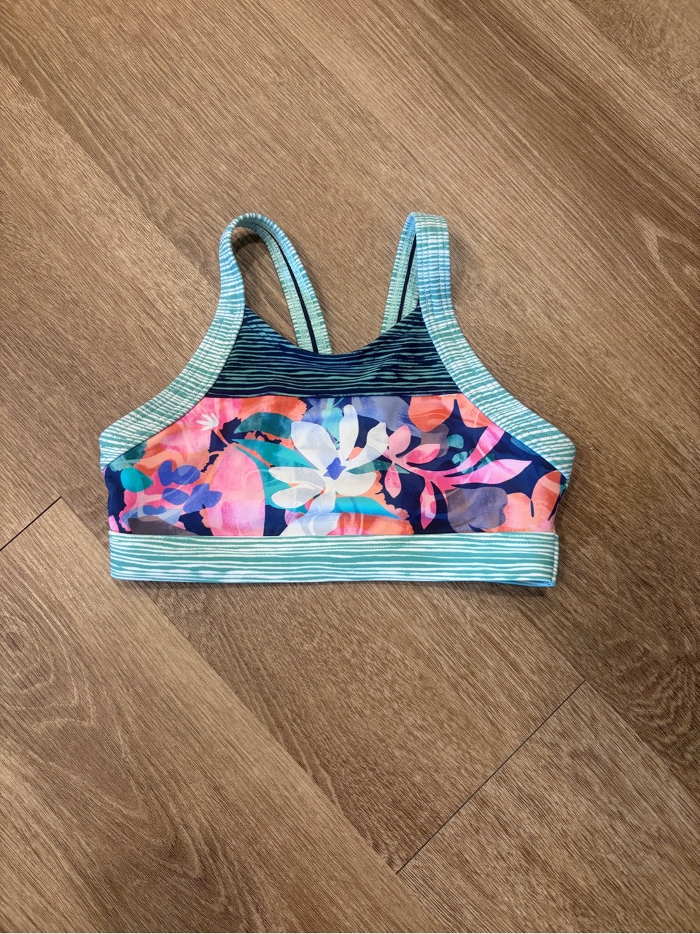 Athleta Girls Floral Athletic Swim Top - Navy, Pink & Teal I XS